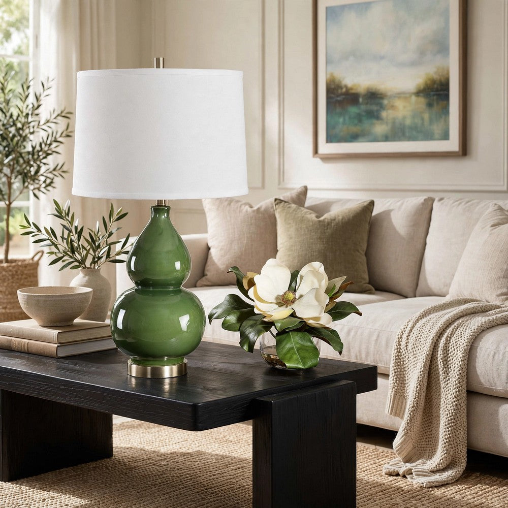 Table Lamp, White Tapered Shade, Dark Green Ceramic Gourd Base, 26 Inch