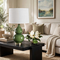 Table Lamp, White Tapered Shade, Dark Green Ceramic Gourd Base, 26 Inch