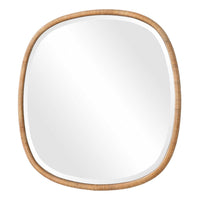 Boho Accent Wall Mirror, Beveled Glass, Natural Brown Rattan Woven, 34 Inch