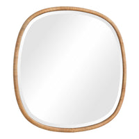 Boho Accent Wall Mirror, Beveled Glass, Natural Brown Rattan Woven, 34 Inch