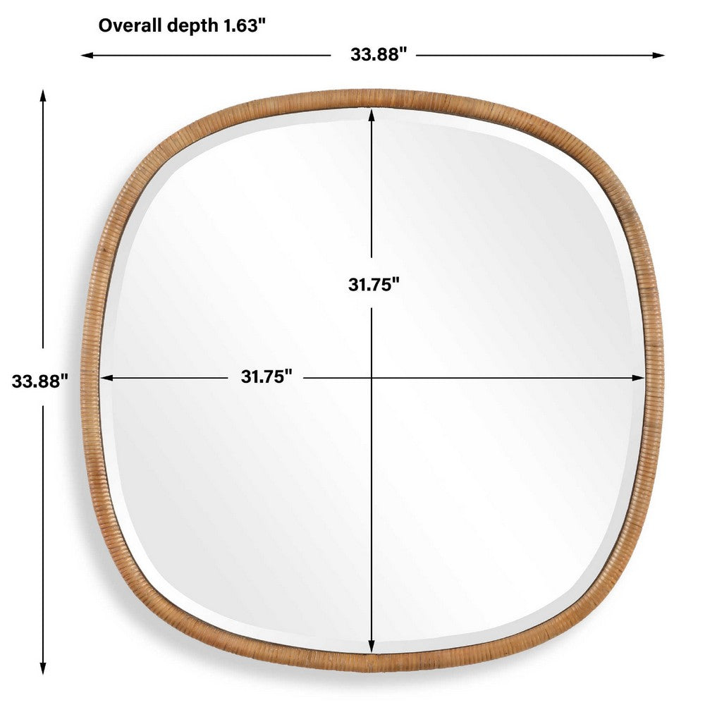 Boho Accent Wall Mirror, Beveled Glass, Natural Brown Rattan Woven, 34 Inch