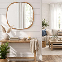 Boho Accent Wall Mirror, Beveled Glass, Natural Brown Rattan Woven, 34 Inch