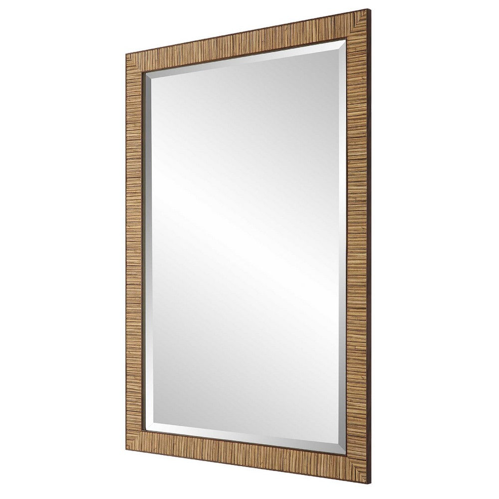 Decorative Coastal Wall Mirror, Faux Rattan Wrap, 22x32 Dark Brown Frame