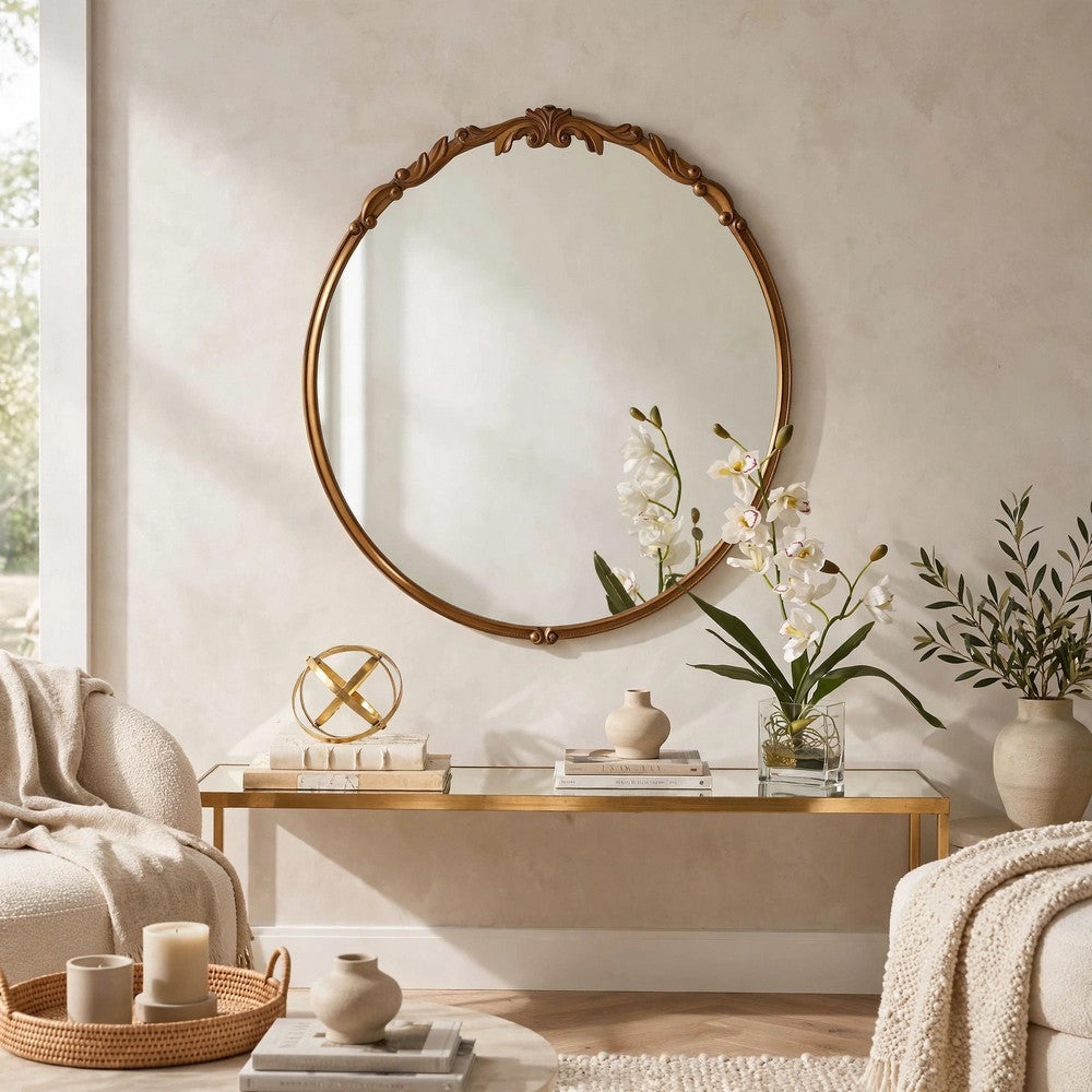 Accent Wall Mirror, Scrollwork, Antique Gold, Gray Glaze, Round 28 Inch