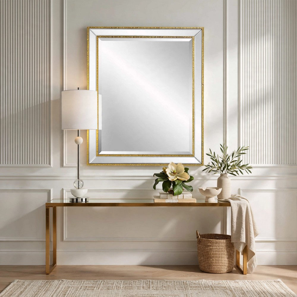 Accent Wall Mirror, Double Frame, Beveled Mirror Trim, Gold Tone 27x33