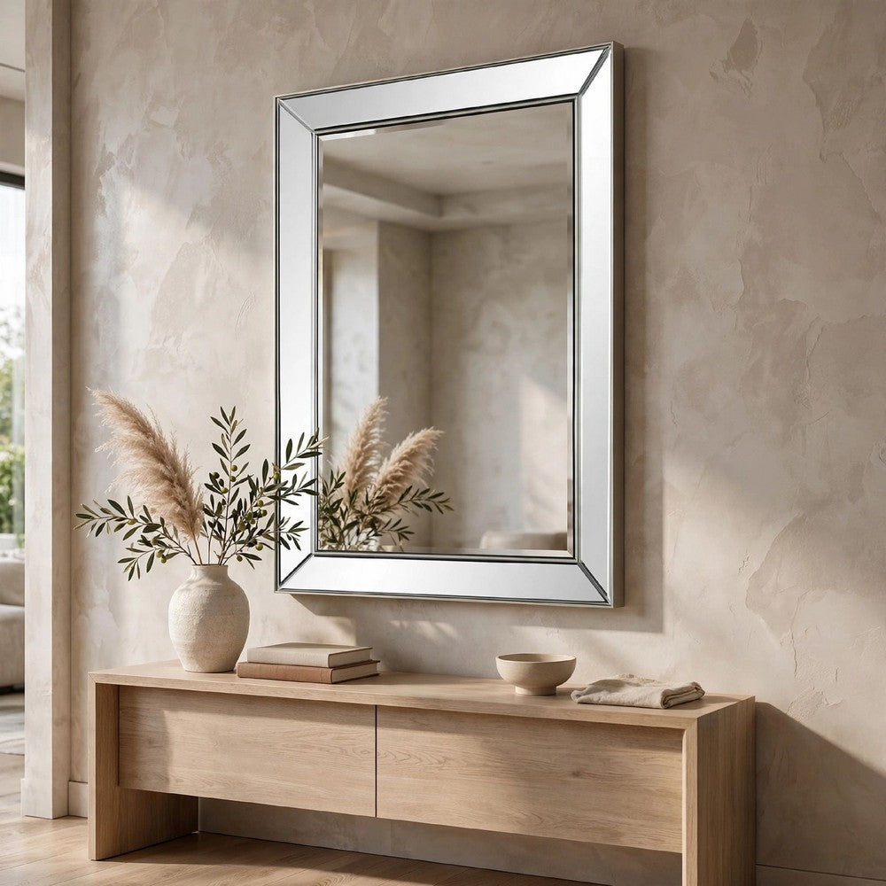 Accent Wall Mirror, Rectangular Shape, Mirrored Panels, Nickel 23x34