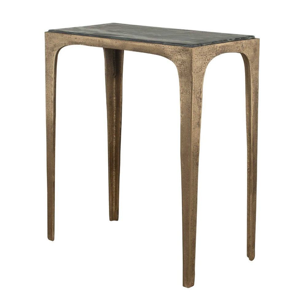 Accent Table, Rectangular Marine Marble, Antique Brass Aluminum, 23 Inch