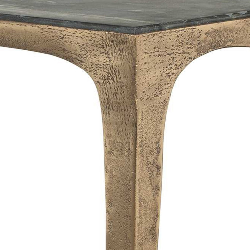 Accent Table, Rectangular Marine Marble, Antique Brass Aluminum, 23 Inch