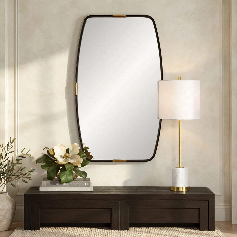 Accent Wall Mirror, Curved Frame, Antique Gold Tabs, Bronze Iron 22x38