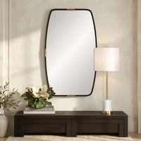 Accent Wall Mirror, Curved Frame, Antique Gold Tabs, Bronze Iron 22x38