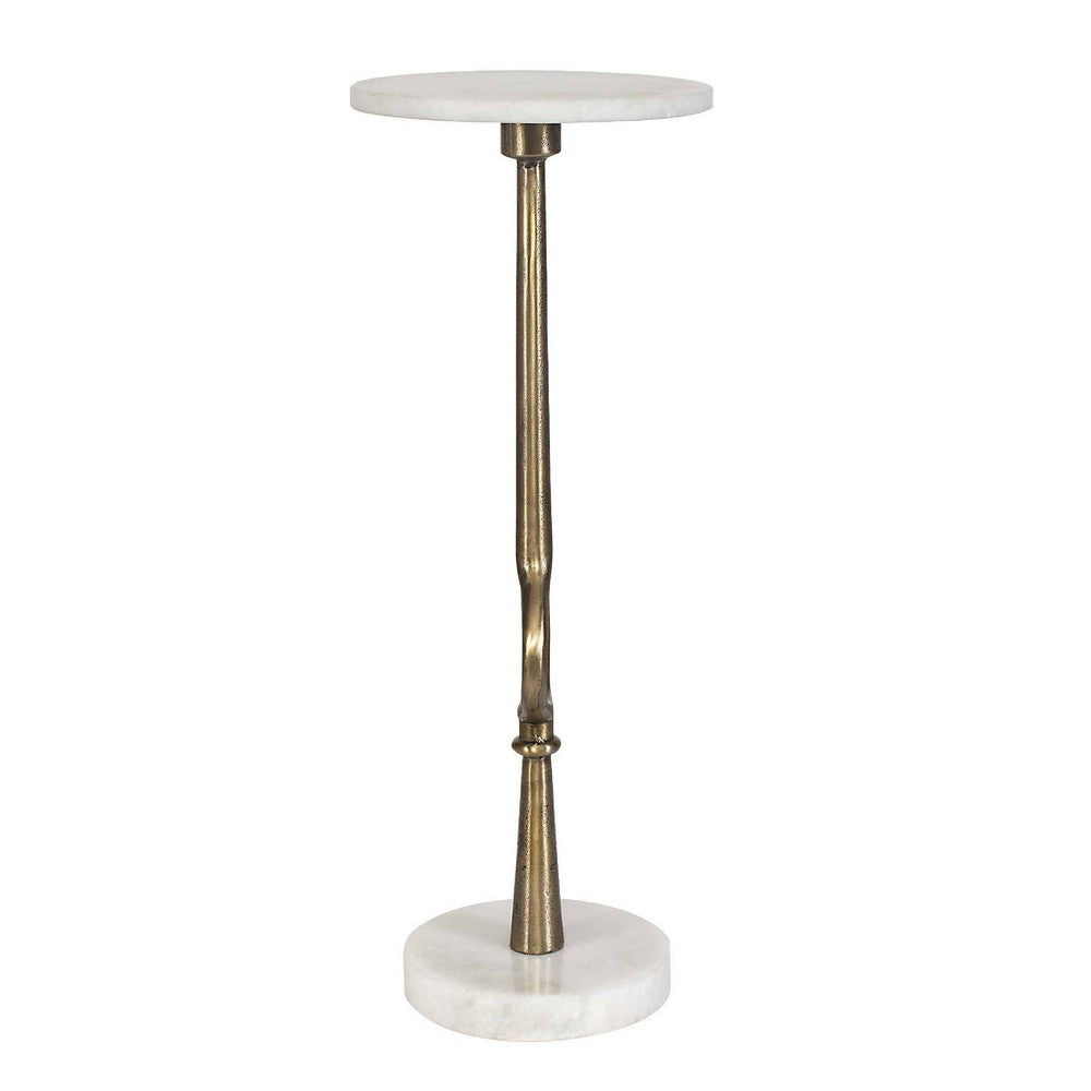 Round Accent Table, Marble Top and Pedestal, Antique Brass Frame 24 Inch