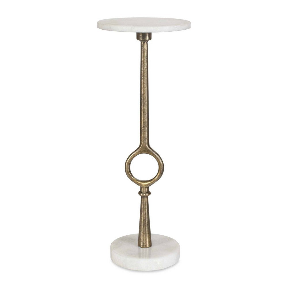 Round Accent Table, Marble Top and Pedestal, Antique Brass Frame 24 Inch