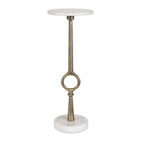 Round Accent Table, Marble Top and Pedestal, Antique Brass Frame 24 Inch