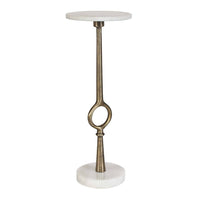 Round Accent Table, Marble Top and Pedestal, Antique Brass Frame 24 Inch