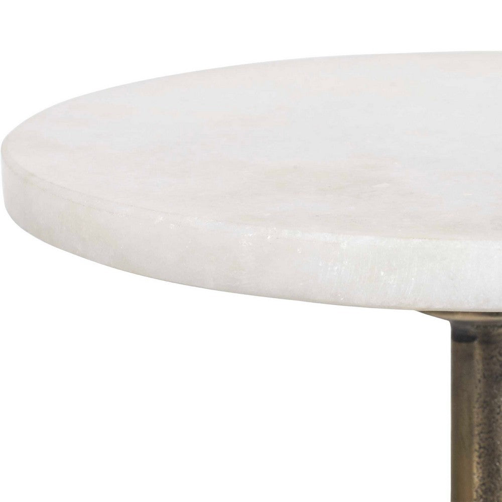 Round Accent Table, Marble Top and Pedestal, Antique Brass Frame 24 Inch
