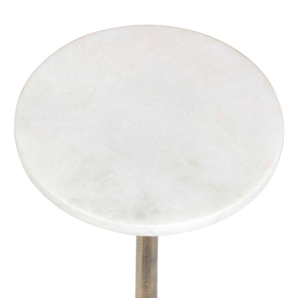 Round Accent Table, Marble Top and Pedestal, Antique Brass Frame 24 Inch