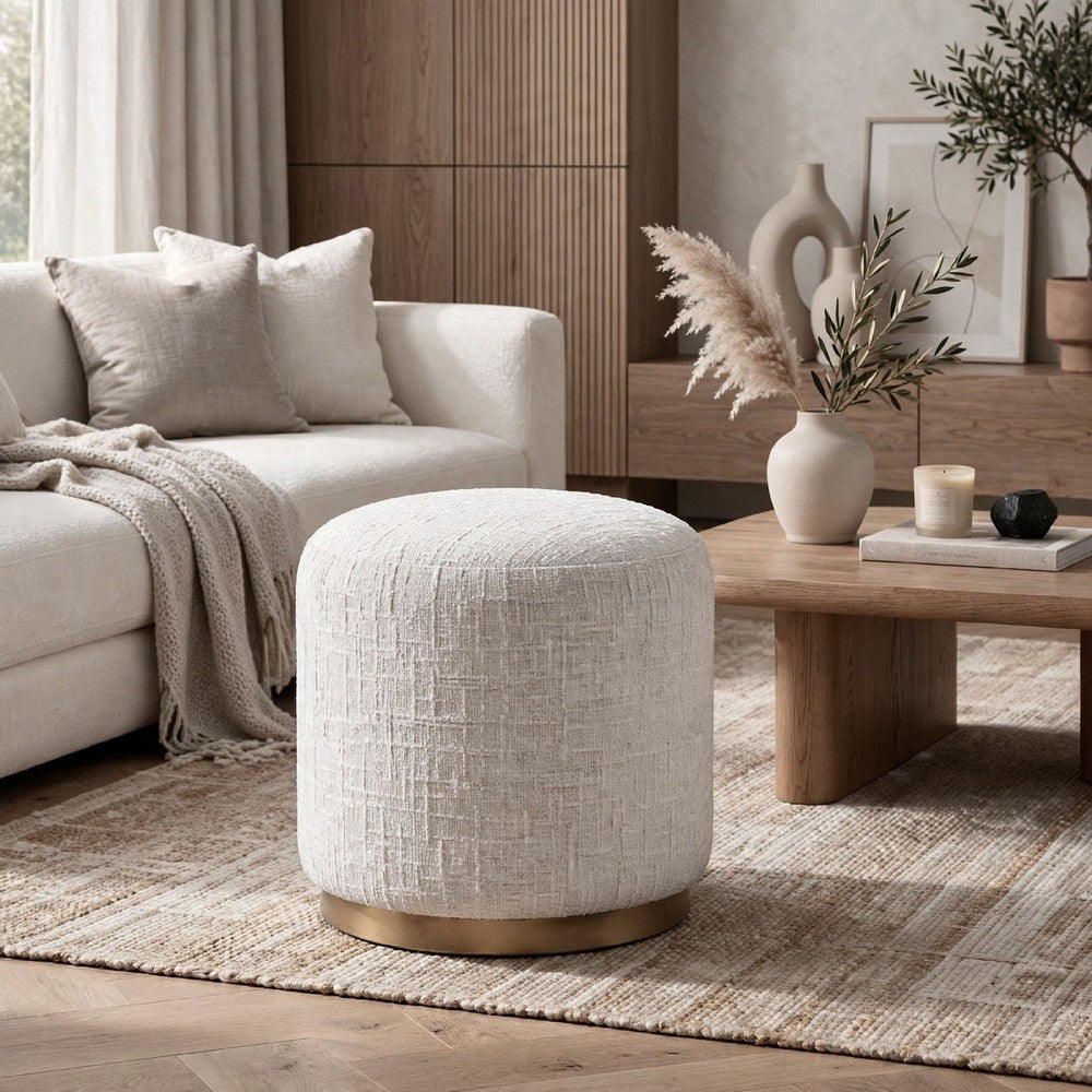 Accent Stool, Foam Fill Off White Polyester, Brushed Brass Iron 18 Inch - BM355543