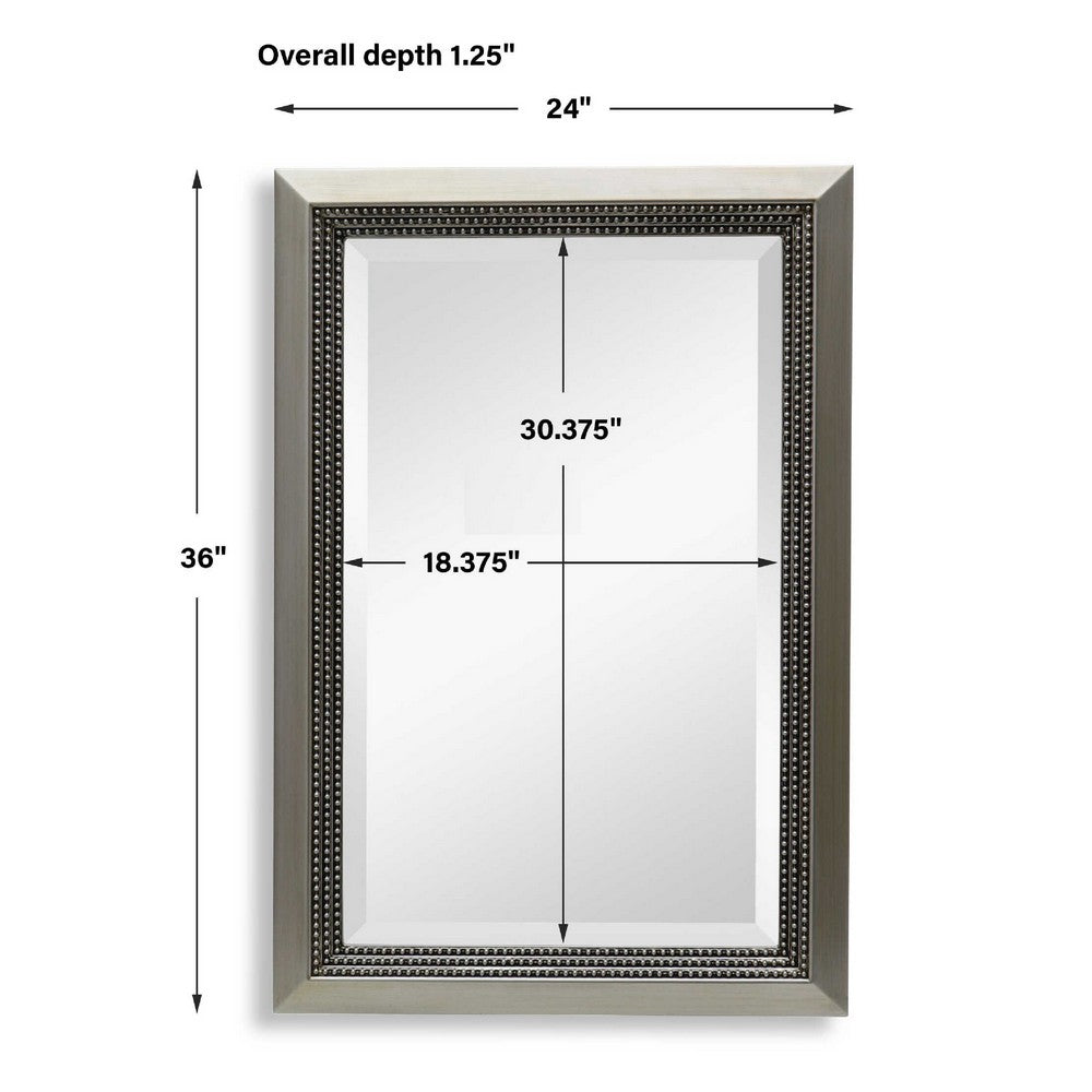Accent Wall Mirror, 3 Layer Beaded Frame, Modern Style Warm Silver 24x36