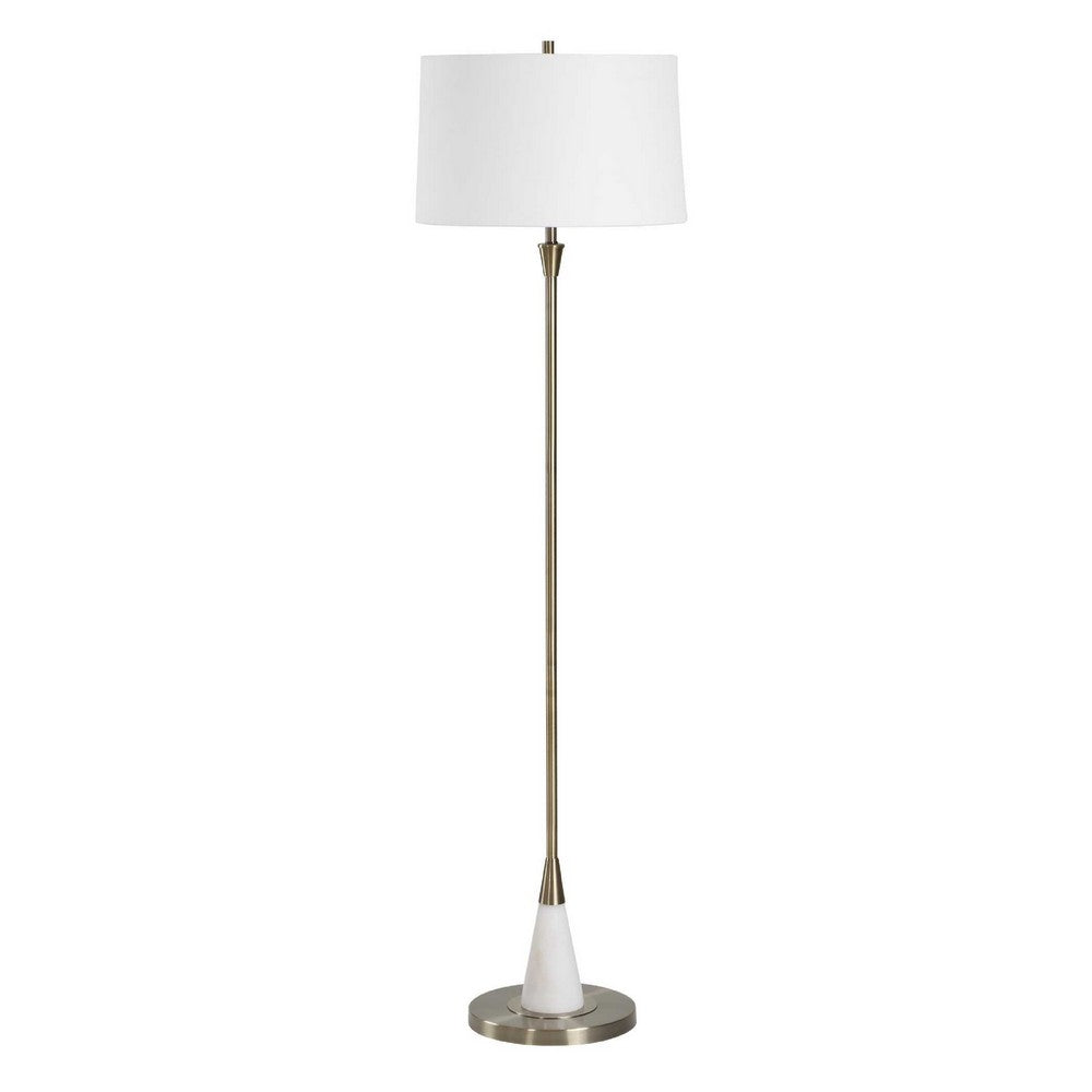 Floor Lamp, Linen Shade, Marble Base, White and Antique Brass 63 Inch