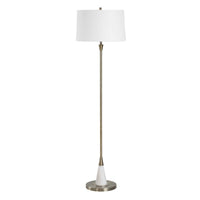 Floor Lamp, Linen Shade, Marble Base, White and Antique Brass 63 Inch