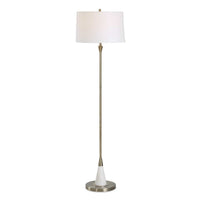 Floor Lamp, Linen Shade, Marble Base, White and Antique Brass 63 Inch