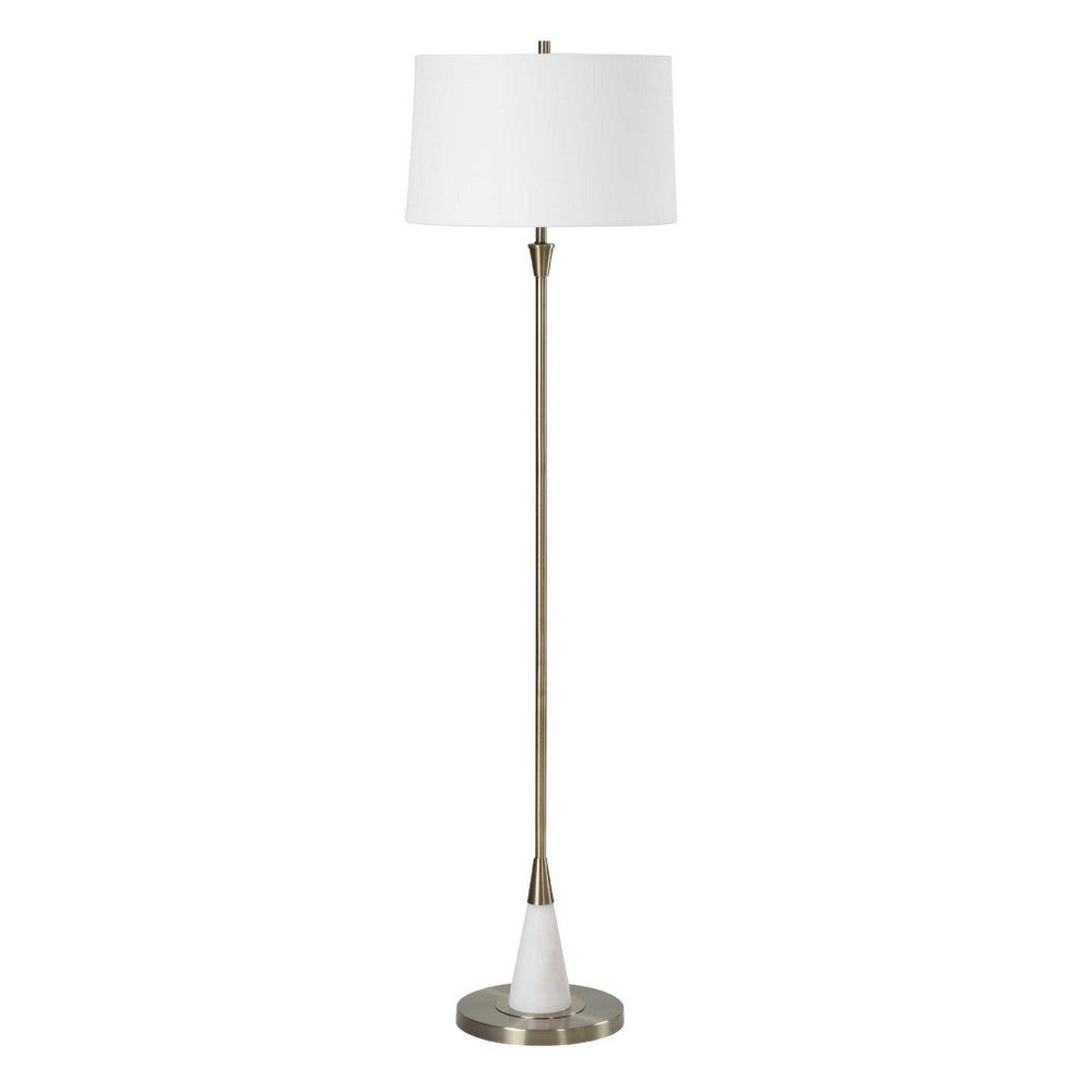 Floor Lamp, Linen Shade, Marble Base, White and Antique Brass 63 Inch