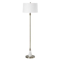 Floor Lamp, Linen Shade, Marble Base, White and Antique Brass 63 Inch
