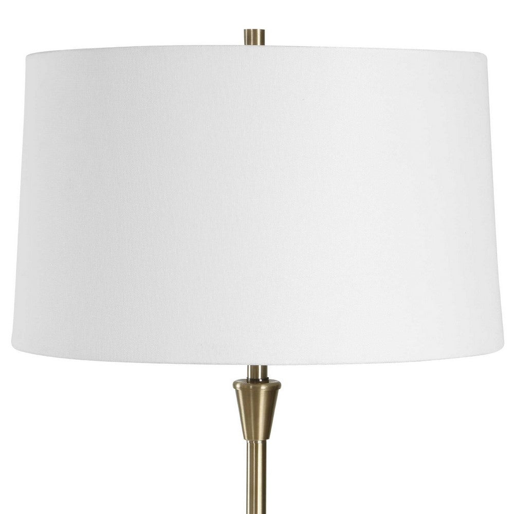 Floor Lamp, Linen Shade, Marble Base, White and Antique Brass 63 Inch