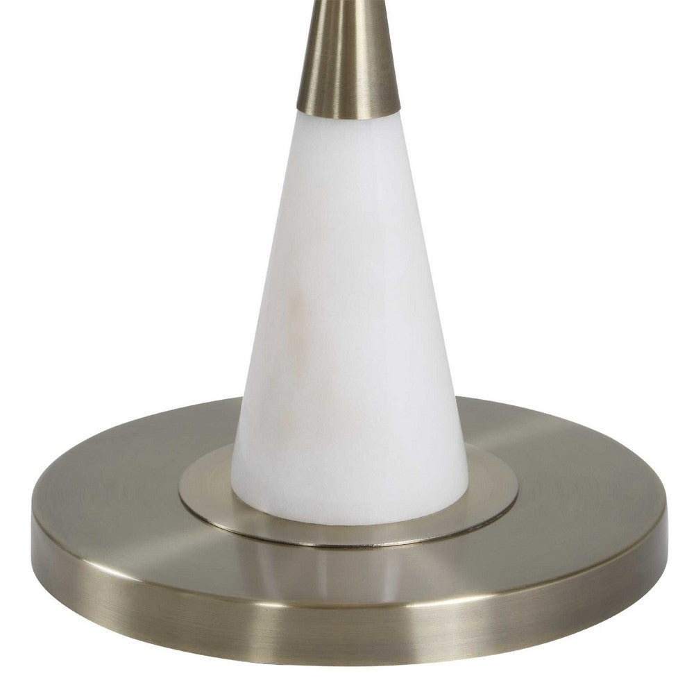 Floor Lamp, Linen Shade, Marble Base, White and Antique Brass 63 Inch