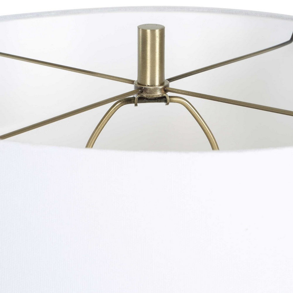 Floor Lamp, Linen Shade, Marble Base, White and Antique Brass 63 Inch