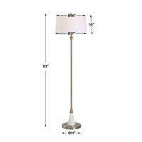 Floor Lamp, Linen Shade, Marble Base, White and Antique Brass 63 Inch