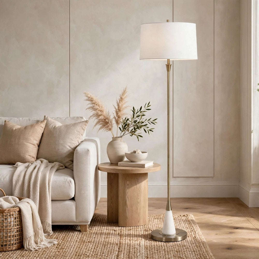 Floor Lamp, Linen Shade, Marble Base, White and Antique Brass 63 Inch