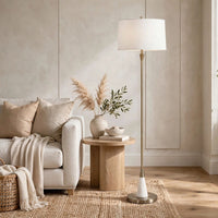 Floor Lamp, Linen Shade, Marble Base, White and Antique Brass 63 Inch