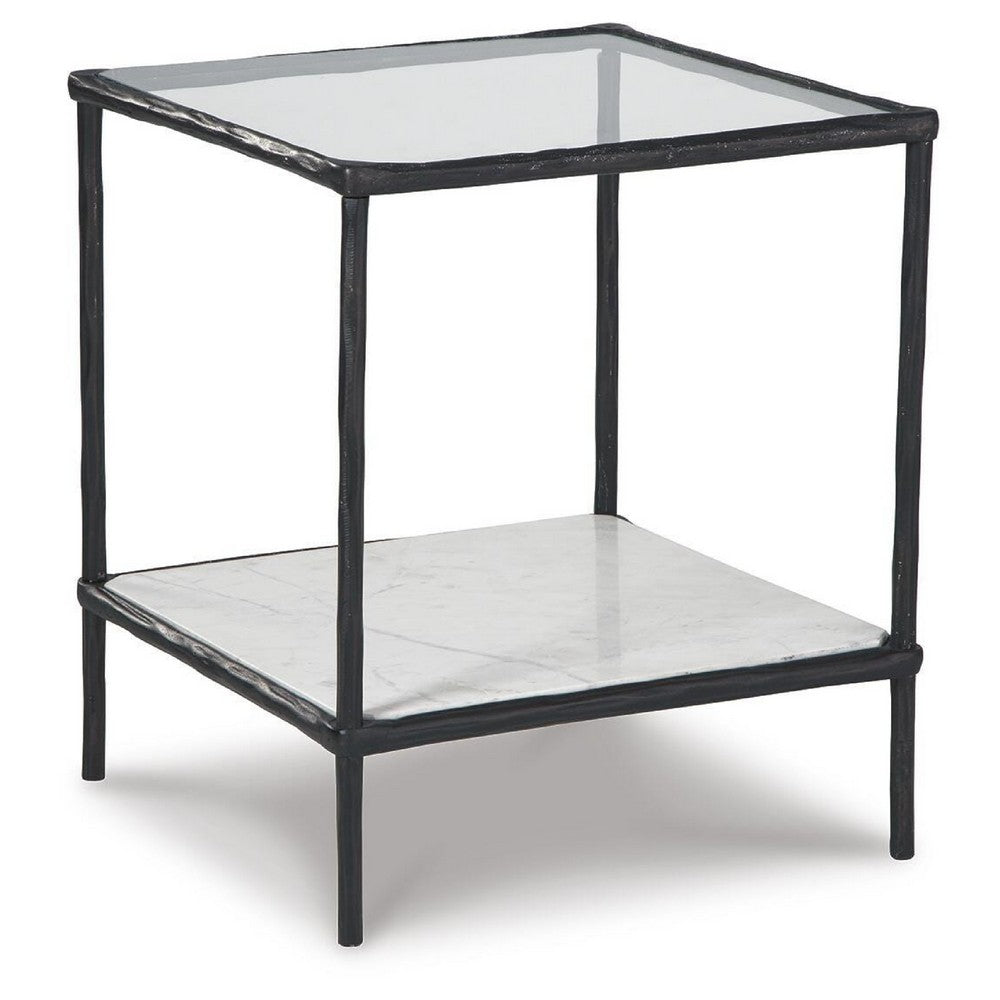 Dalie Accent Table, Glass Top, White Marble Shelf, Antique Black 25 Inch - BM355546