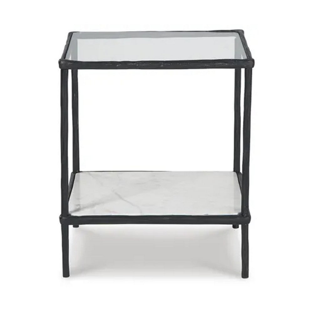 Dalie Accent Table, Glass Top, White Marble Shelf, Antique Black 25 Inch - BM355546