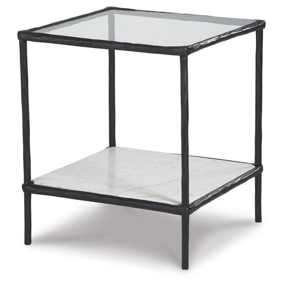 Dalie Accent Table, Glass Top, White Marble Shelf, Antique Black 25 Inch - BM355546