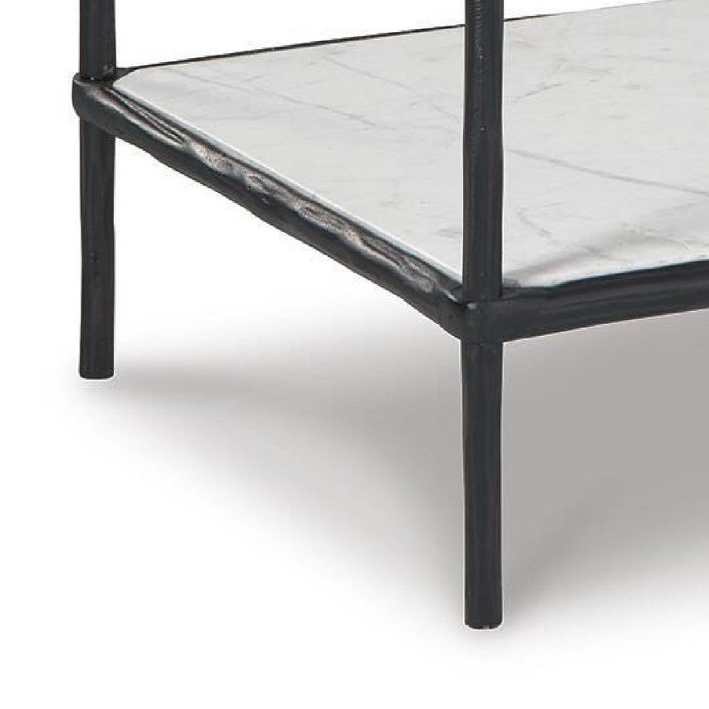 Dalie Accent Table, Glass Top, White Marble Shelf, Antique Black 25 Inch - BM355546