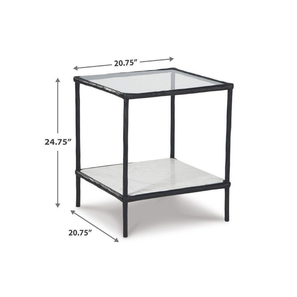 Dalie Accent Table, Glass Top, White Marble Shelf, Antique Black 25 Inch - BM355546