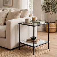 Dalie Accent Table, Glass Top, White Marble Shelf, Antique Black 25 Inch - BM355546
