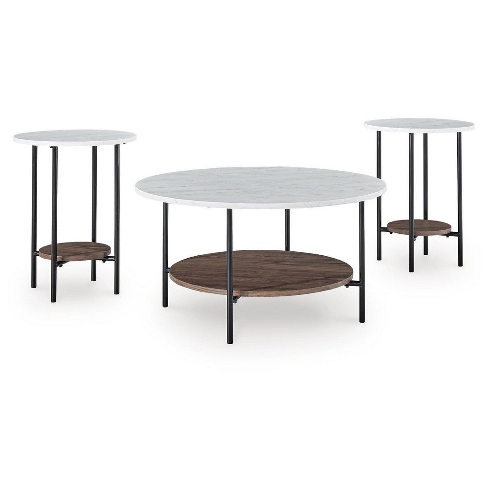 Winy 3pc Occasional Table Set, White Faux Marble Top, Open Shelf, Black - BM355563