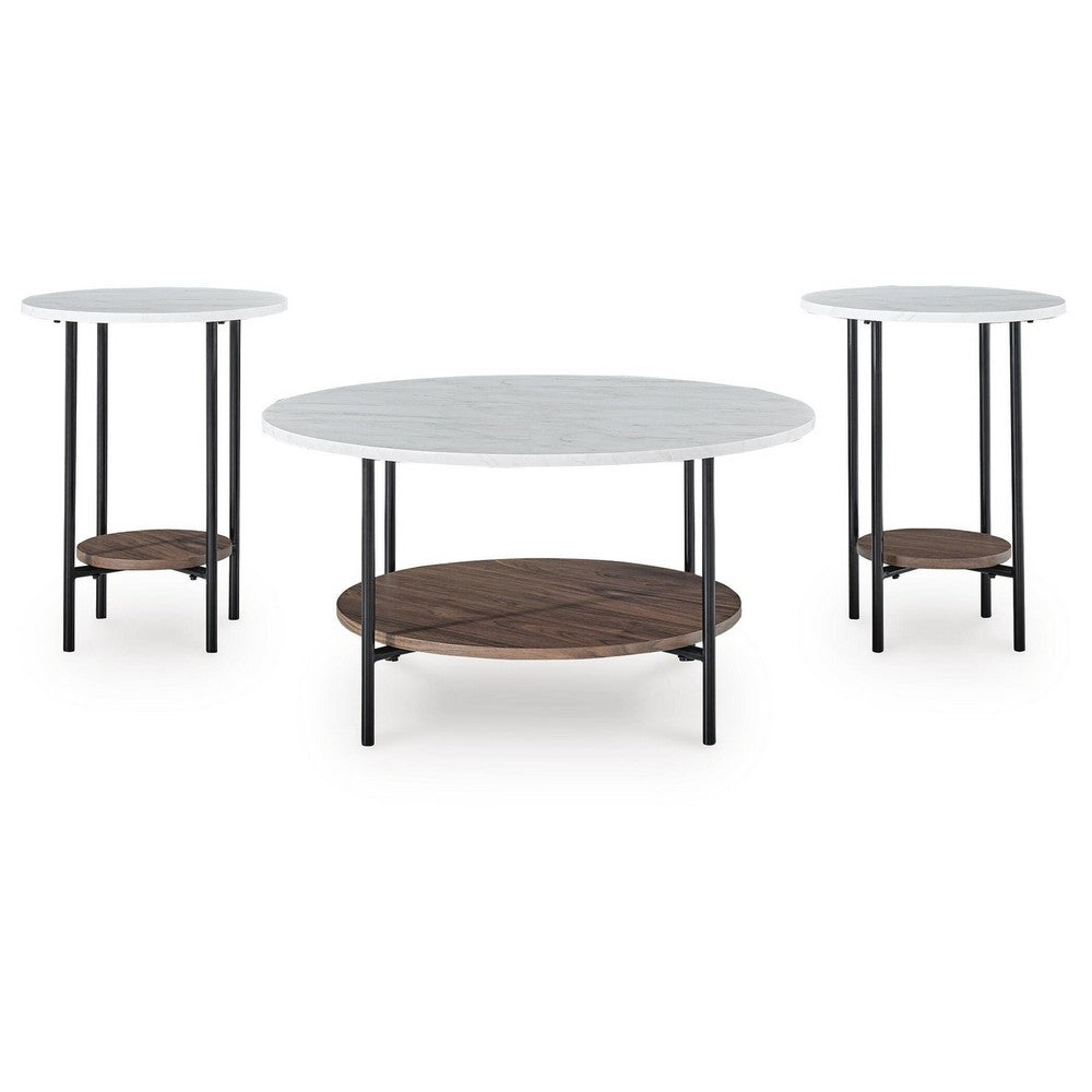 Winy 3pc Occasional Table Set, White Faux Marble Top, Open Shelf, Black - BM355563