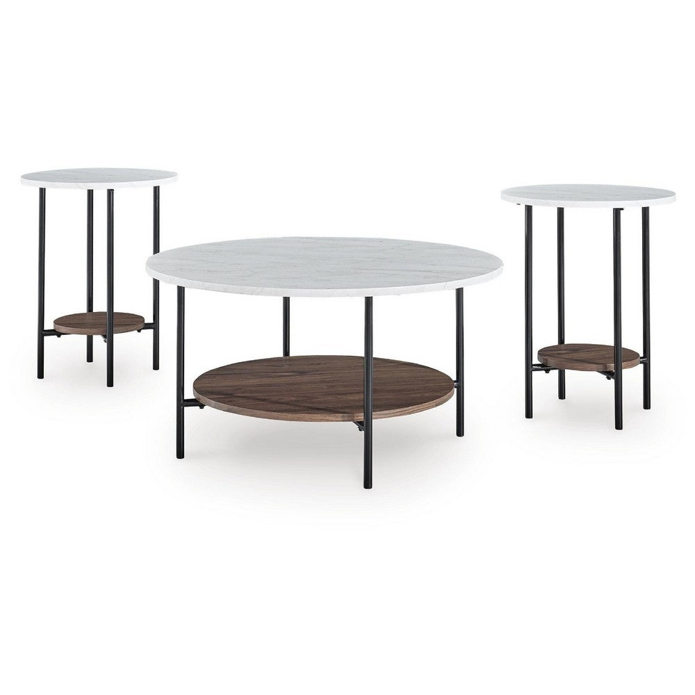 Winy 3pc Occasional Table Set, White Faux Marble Top, Open Shelf, Black - BM355563