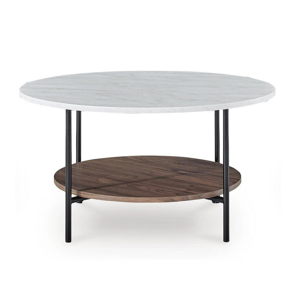 Winy 3pc Occasional Table Set, White Faux Marble Top, Open Shelf, Black - BM355563