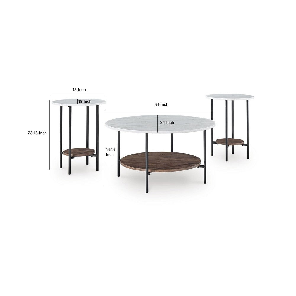 Winy 3pc Occasional Table Set, White Faux Marble Top, Open Shelf, Black - BM355563