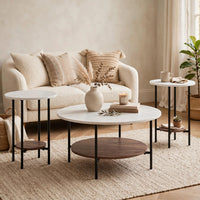 Winy 3pc Occasional Table Set, White Faux Marble Top, Open Shelf, Black - BM355563