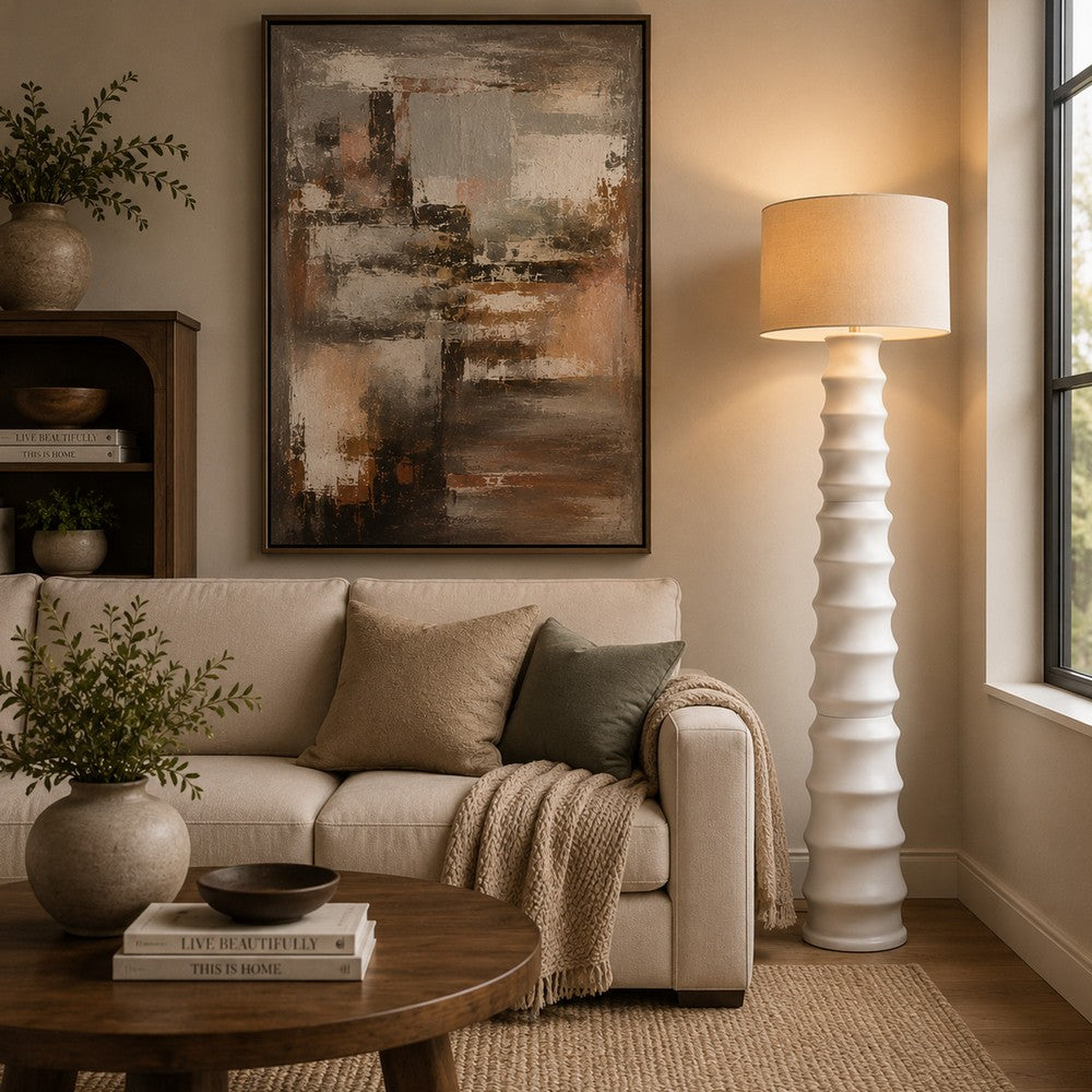 Vala Floor Lamp, Hardback Drum Shade, Scalloped Polyresin White 66 Inch - BM355564