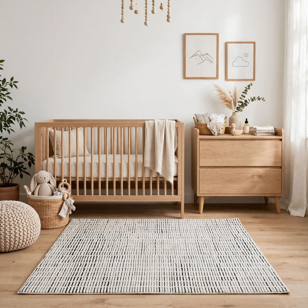 Turo Striped Large Area Rug, 16mm Pile, Ivory and Black Polyester 8x10 - BM355565