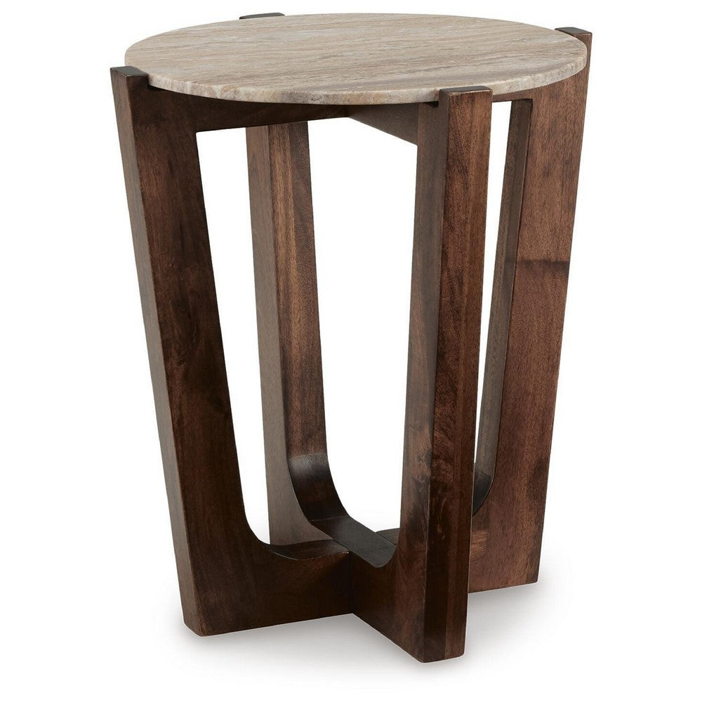 Dore Side End Table, Round Marble Top, Angled Legs, Beige, Brown 24 Inch - BM355568
