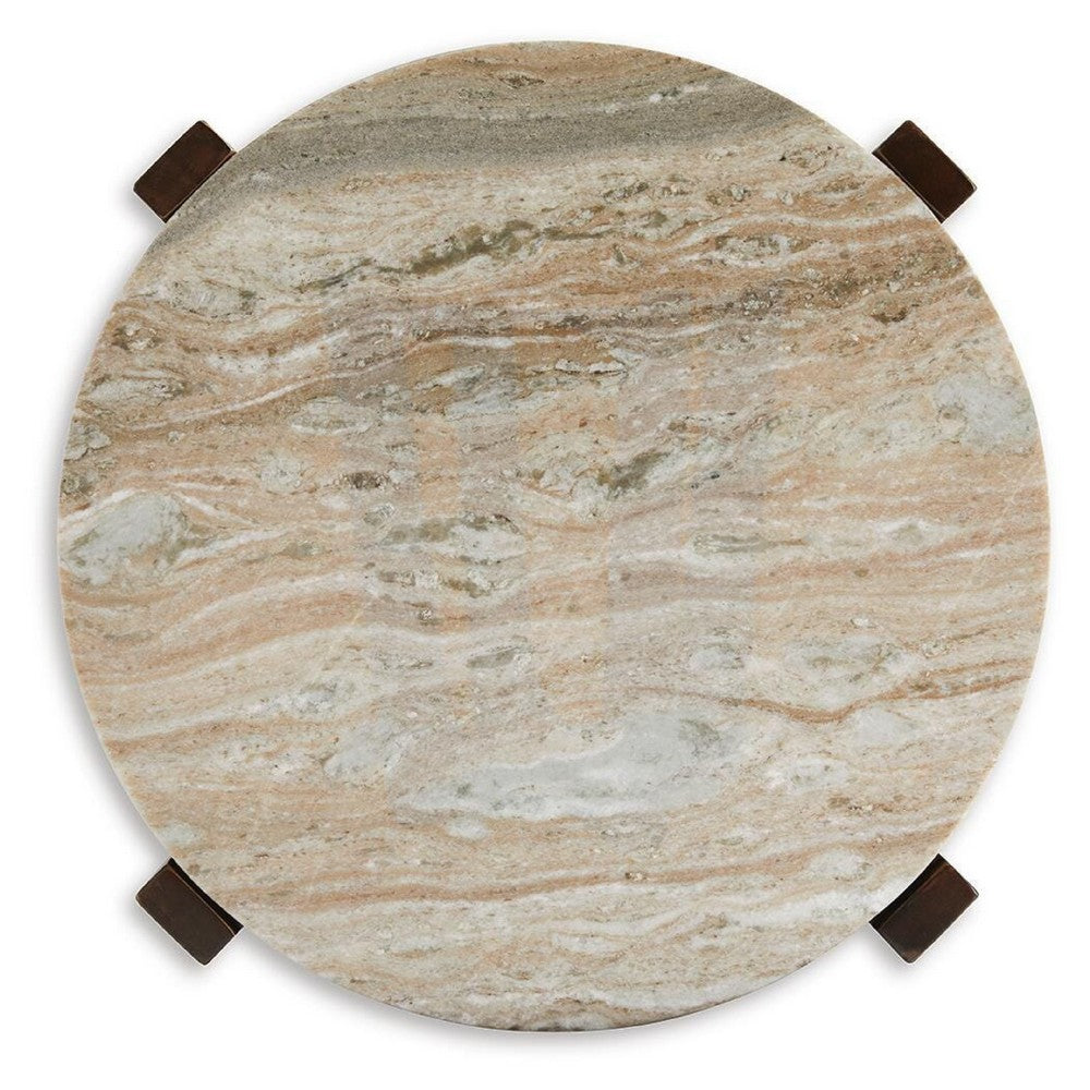 Dore Side End Table, Round Marble Top, Angled Legs, Beige, Brown 24 Inch - BM355568