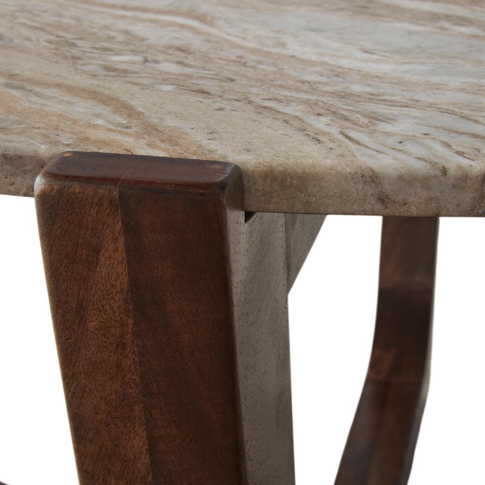 Dore Side End Table, Round Marble Top, Angled Legs, Beige, Brown 24 Inch - BM355568